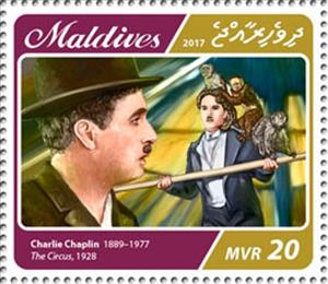 Stamp, Charlie Chaplin in "The Circus", 1928, Maldives,  , Actors