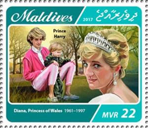 Stamp, Princess Diana with Prince Harry, Maldives,  , Princes, Princesses