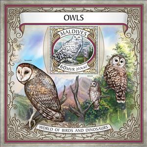 Souvenir Sheet, Owls, Maldives,  , Animals (Fauna), Birds, Birds of Prey, Owls