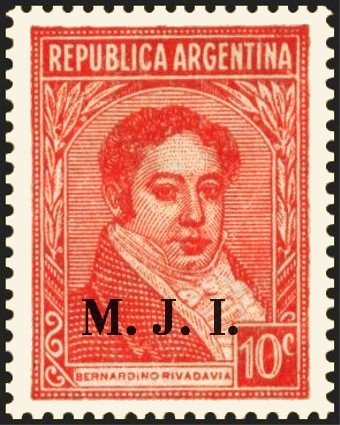 Bernardino Rivadavia (1780-1845), ovpt. "M.J.I."
