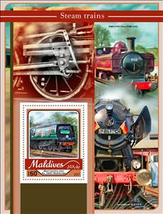 Souvenir Sheet, Steam trains, Maldives,  , Locomotives, Railways, Steam Traction
