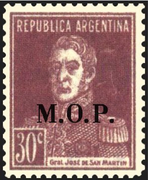 Stamp, José Francisco de San Martín (1778-1850), ovpt. "M.O.P.", Argentina,  , Famous People, Freedom Fighters, Generals, Heroes, Men, Revolutions
