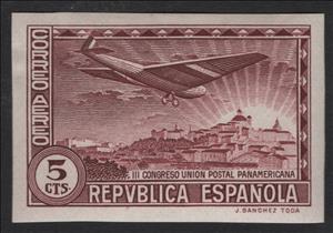 Stamp, Panamerican Postal Union Congress, Spain,  , Aircraft, Landscapes, Postal Unions, Sun, Townscapes / City Views