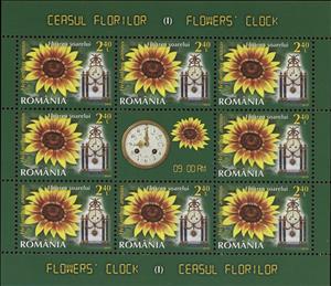 Mini Sheet, Sunflower (Helianthus annuus) MS, Romania,  , Clocks, Flowers, Plants (Flora)