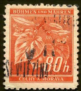 Stamp, Lime tree branch with blossoms, Bohemia and Moravia,  , Fruits, Leaves, Plants (Flora), Trees