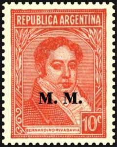 Stamp, Bernardino Rivadavia (1780-1845), ovpt. "M.M.", Argentina,  , Famous People, Heads of State, Politicians, Государственный деятель