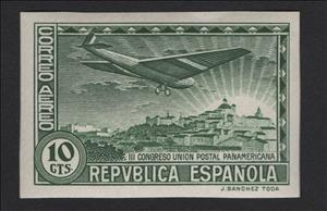 Stamp, Panamerican Postal Union Congress, Spain,  , Aircraft, Postal Unions, Sun, Townscapes / City Views