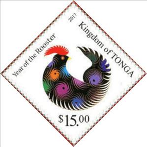 Stamp, Year of the Rooster, Tonga,  , Animals (Fauna), Chinese New Year, Chinese Zodiac, Poultry, Roosters and Chickens, Stylized Animals