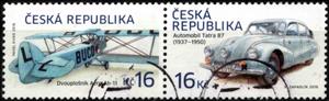Se-tenant, The Aero A.11 Biplane and The Tatra 87 Car, Czech Republic,  , Aircraft, Cars