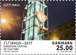 Stamp, Aarhus City Hall, Denmark,  , Architecture, Buildings, Clocks, Towers