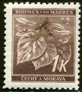 Stamp, Lime tree branch with blossoms, Bohemia and Moravia,  , Fruits, Leaves, Plants (Flora), Trees