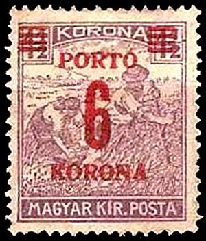 Stamp, Reaper, red overprint with new value, Hungary,  