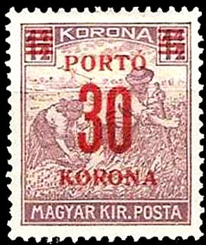 Stamp, Reaper, red overprint with new value, Hungary,  