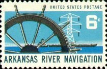 Stamp, Ship's Wheel, Power Transmission Tower and Barge, United States of America,  
