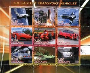 Mini Sheet, The Fastest Transport Vehicles, Cinderellas,  , Cars, Locomotives, Spacecrafts
