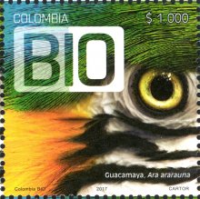 Stamp, Logo and Ara ararauna, Colombia,  , Animals (Fauna), Birds, Parrots