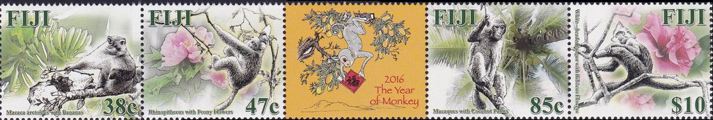 Se-tenant, Year of The Monkey 2016, Fiji,  , Animals (Fauna), Chinese New Year, Chinese Zodiac, Mammals, Monkeys