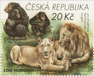 Stamp, South African lions, chimpanzees, Czech Republic,  , Animals (Fauna), Лев, Mammals, Monkeys, Zoos