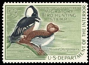 Federal Duck Stamp, Hooded Merganser (Lophodytes cucullatus), United States of America,  , Animals (Fauna), Birds, Ducks, Hunting