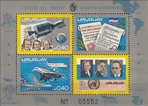 Souvenir Sheet, 150 Years of Independence, Uruguay,  , Aircraft, Airlines, Anniversaries and Jubilees, Space Traveling, Spacecrafts, U.N.O.