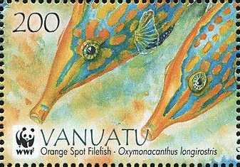 Stamp, Orange spotted filefish (Oxymonacanthus longirostris), Vanuatu,  , Animals (Fauna), Fishes, WWF