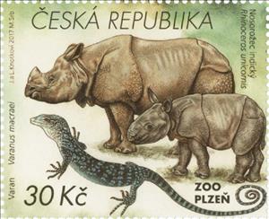 Stamp, Indian rhinoceros, blue lizard, Czech Republic,  , Animals (Fauna), Lizards, Mammals, Reptiles, Rhinoceroses, Zoos