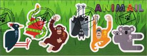 Souvenir Sheet, Animail self adhesive minisheet, United Kingdom of Great Britain & Northern Ireland,  , Animals (Fauna), Bats, Birds, Koalas, Mammals, Monkeys, Snakes, Stylized Animals