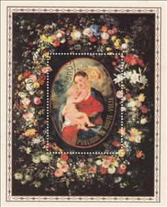 Souvenir Sheet, Madonna and child by Brueghel The Elder and Rubens, Upper Volta,  , Angels, Art, Christmas, Flowers, Painters, Paintings, Religion
