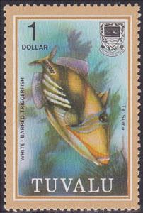 Stamp, White-Baarred Triggerfish, Tuvalu,  , Animals (Fauna), Fishes, Sea Life