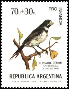 Stamp, Double-collared Seeeater (Sporophila caerulescens), Argentina,  , Animals (Fauna), Birds, Charity