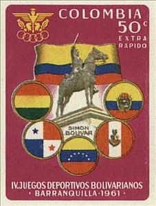 Stamp, Simon Bolivar Statue - Flags, Colombia,  , Flags, Horses, Monuments, Sports, Statues