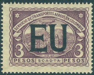 Stamp, Seaplane over Bogotá Cathedral "EU", Colombia,  , Aircraft, Churches - Cathedrals - Basilicas - Chapels