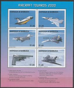 Mini Sheet, Aircraft Towards 2000, Barbuda,  , Air Forces, Aircraft, Aviation, Space Traveling, Spacecrafts