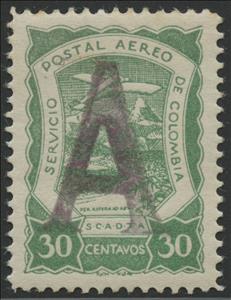 Stamp, Seaplane over Magdalena River "A", Colombia,  , Aircraft, Aviation, Landscapes, Mountains, Rivers, Volcanos