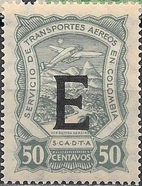 Stamp, Seaplane over Magdalena River "E", Colombia,  , Aircraft, Landscapes, Letters (Alphabet), Rivers, Volcanos