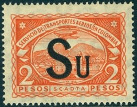 Stamp, Seaplane over Bogotá Cathedral "Su", Colombia,  , Aircraft, Churches - Cathedrals - Basilicas - Chapels