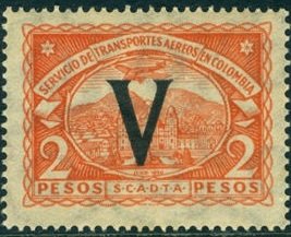 Stamp, Seaplane over Bogotá Cathedral "V", Colombia,  , Aircraft, Churches - Cathedrals - Basilicas - Chapels