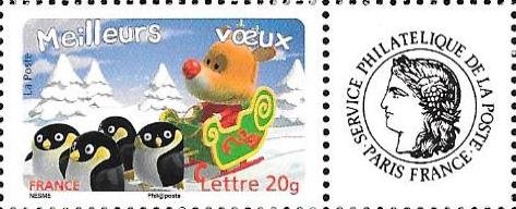 Se-tenant, Best wishes : Penguins and reindeer in sledge, France,  , Animals (Fauna), Birds, Christmas, Drawings, New Year, Penguins, Sledges