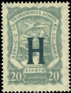 Stamp, Seaplane over Magdalena River "H", Colombia,  , Aircraft, Landscapes, Rivers, Volcanos