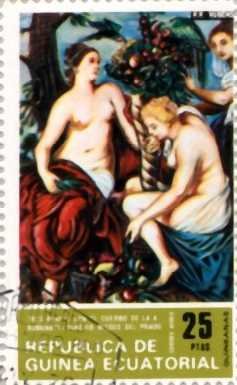 Stamp, Three Nymphs with a Cornucopia, Equatorial Guinea,  , Art, Nudes, Painters, Paintings