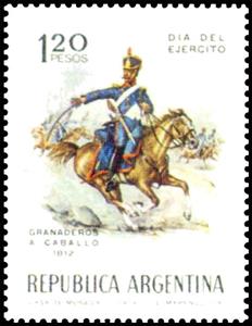 Stamp, Army Day, Grenadier on Horseback, Argentina,  , Animals (Fauna), Army, Coats of Arms, Equestrianism and horse riding, Horses, Mammals, Uniforms