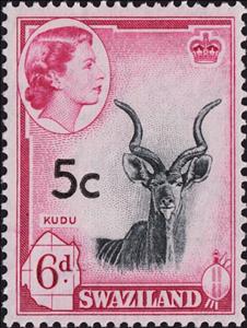 Stamp, Greater Kudu (thin surcharge), Swaziland,  , Animals (Fauna), Antelopes, Mammals, Royalty