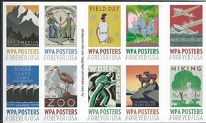 Se-tenant, Posters of the Works Projects Administration, United States of America,  , Aircraft, Animals (Fauna), Birds, Landscapes, Mining, Mountains, Tennis