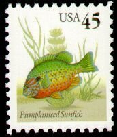 Stamp, Pumpkinseed Sunfish (Lepomis gibbosus), United States of America,  , Fishes