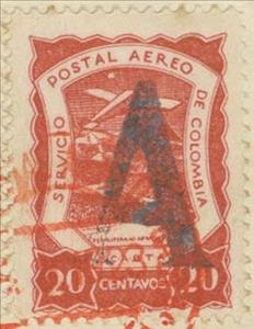Stamp, Seaplane over Magdalena River "A", Colombia,  , Aircraft, Aviation, Landscapes, Mountains, Rivers, Volcanos