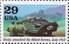 Stamp, Amphibious landing craft on beach (Sicily attacked by Allied, United States of America,  