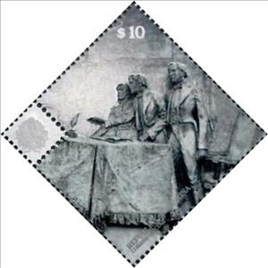 Stamp, Three deputies, facing left, behind table, Argentina,  , Anniversaries and Jubilees, Statues