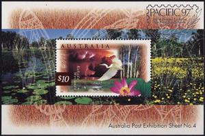 Souvenir Sheet, Philatelic Exhibition "PACIFIC '97", overprinted, Australia,  , Animals (Fauna), Birds, Flowers, Herons, Philatelic Exhibitions, Plants (Flora)