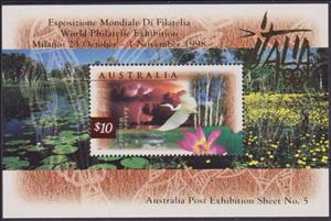 Souvenir Sheet, Philatelic Exhibition "ITALIA '98", overprinted, Australia,  , Animals (Fauna), Birds, Flowers, Herons, Philatelic Exhibitions, Plants (Flora)