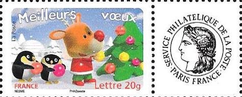 Se-tenant, Best wishes : reindeer and penguins decorating the tree, France,  , Animals (Fauna), Birds, Christmas, Drawings, New Year, Penguins, Trees